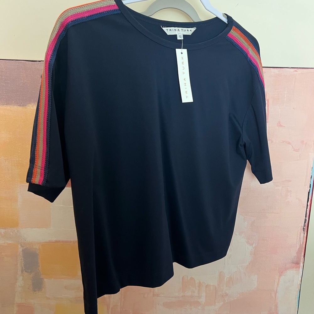 Trina Turk, NWT, Navy T-Shirt with Rainbow Stripes sleeve boxy top